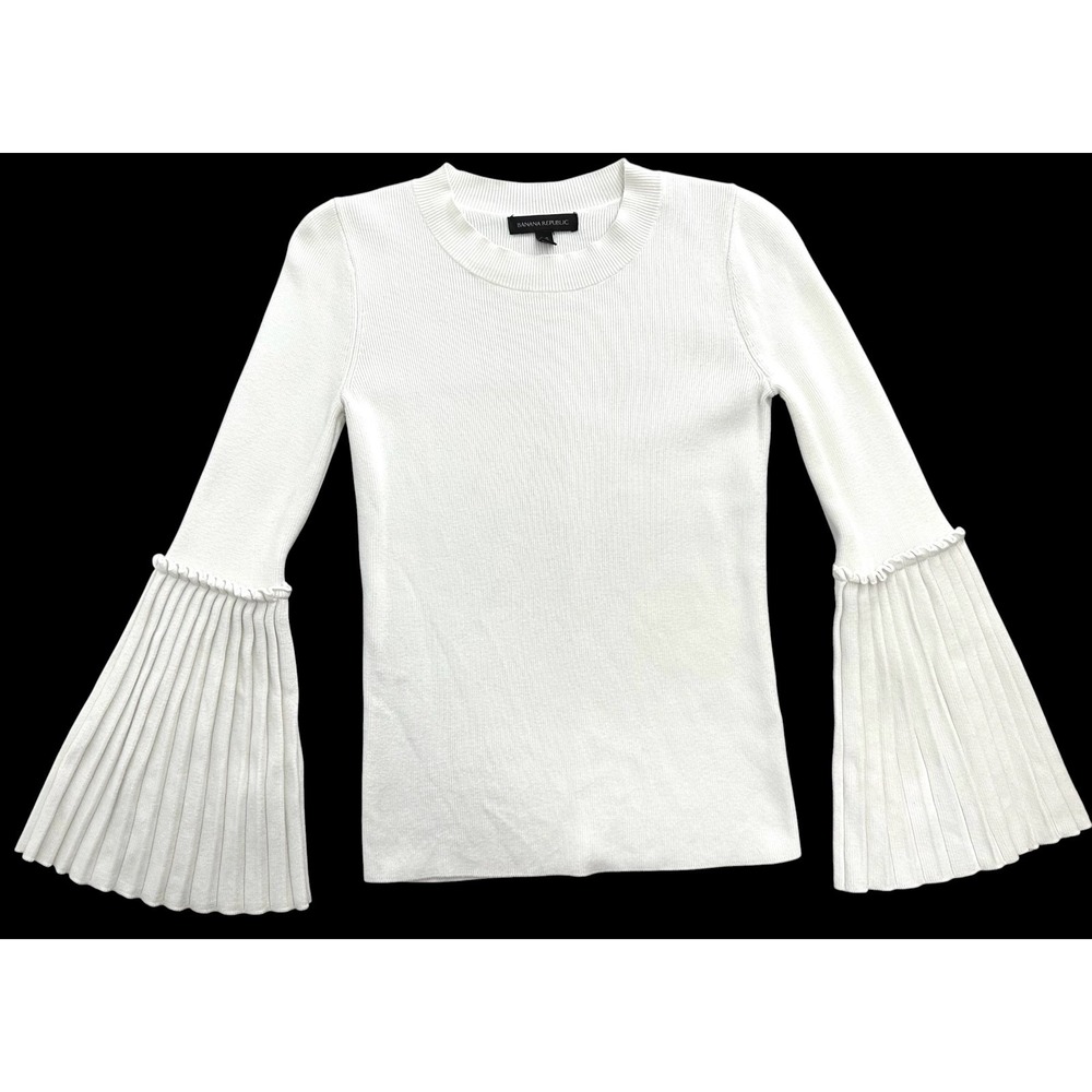 Banana Republic Pleated Sleeve Sweater Ivory Crewneck Cotton Blend Women's XS